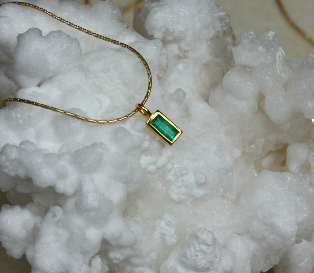 Emerald and 14k Gold Charm Pendant Necklace, May Birthstone Jewelry