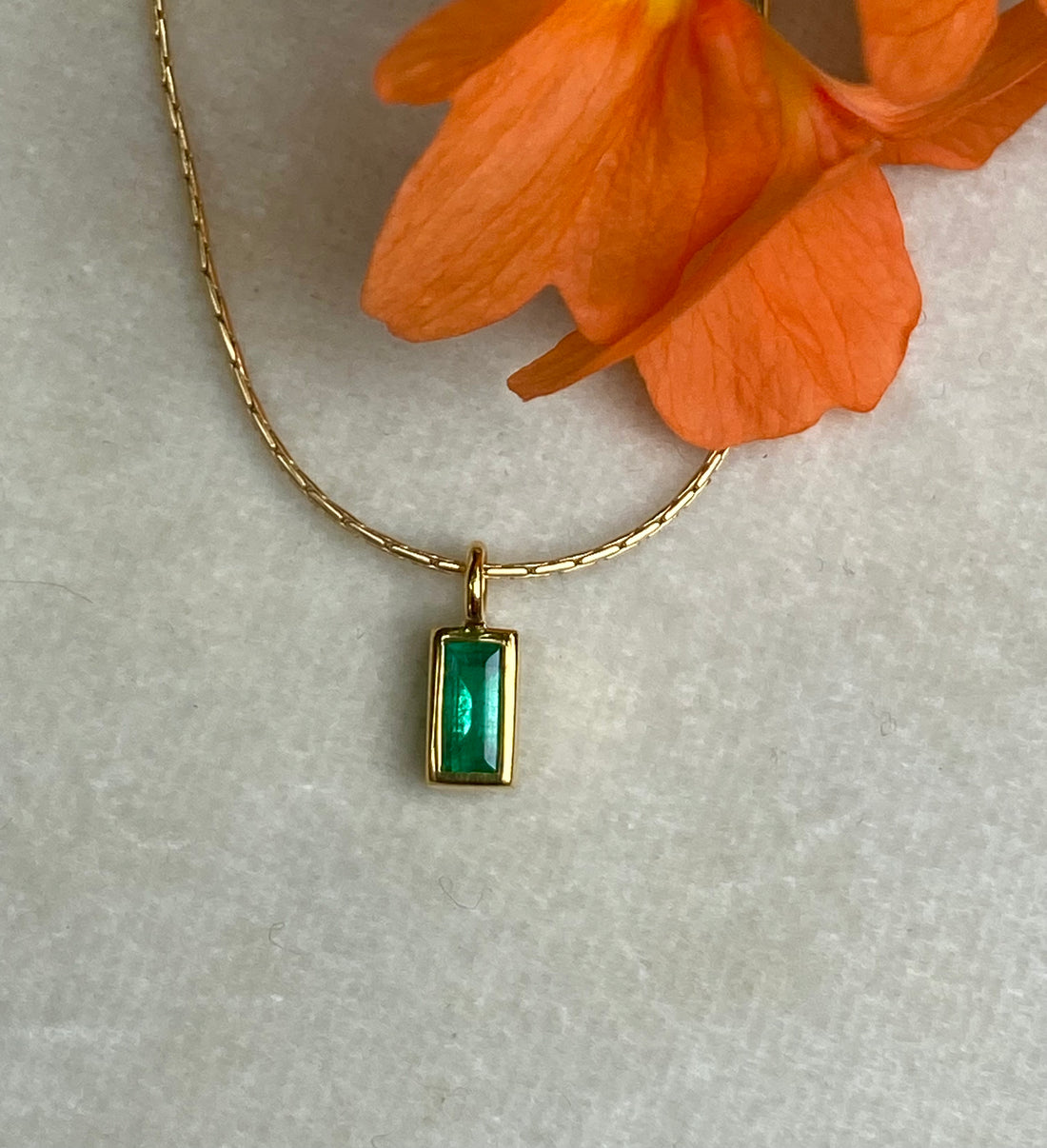 Emerald and 14k Gold Charm Pendant Necklace, May Birthstone Jewelry
