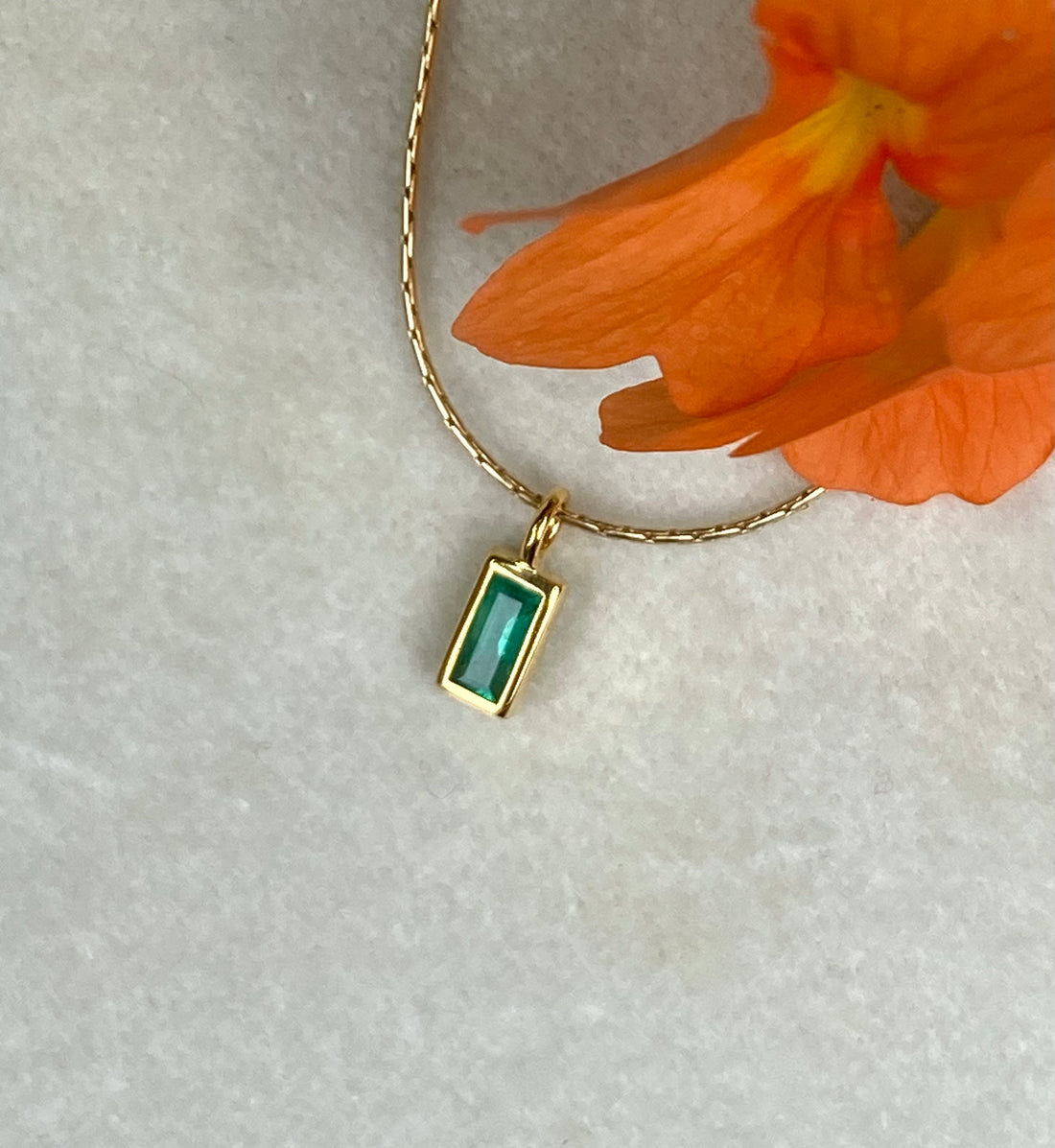 Emerald and 14k Gold Charm Pendant Necklace, May Birthstone Jewelry
