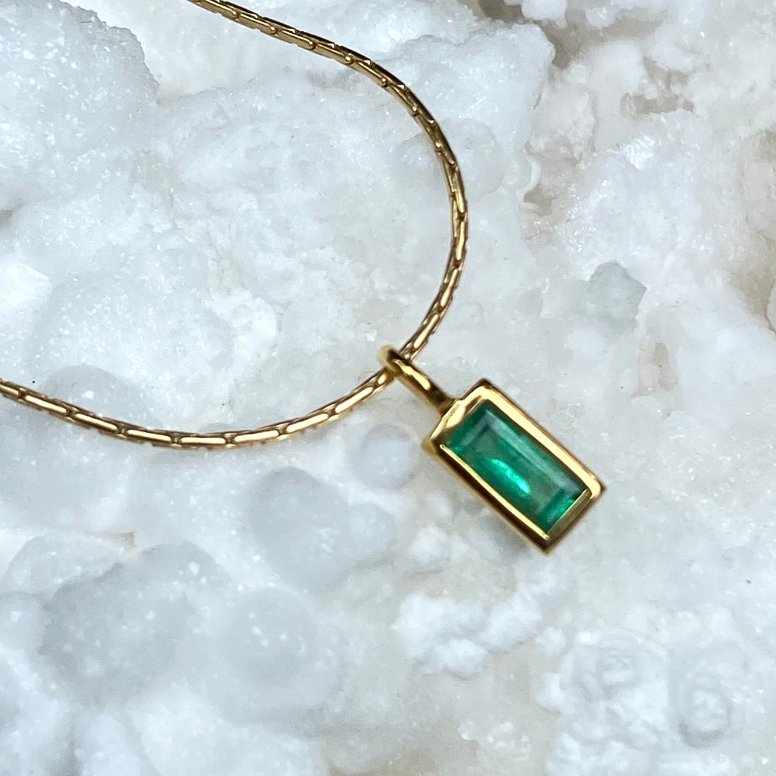 Emerald and 14k Gold Charm Pendant Necklace, May Birthstone Jewelry