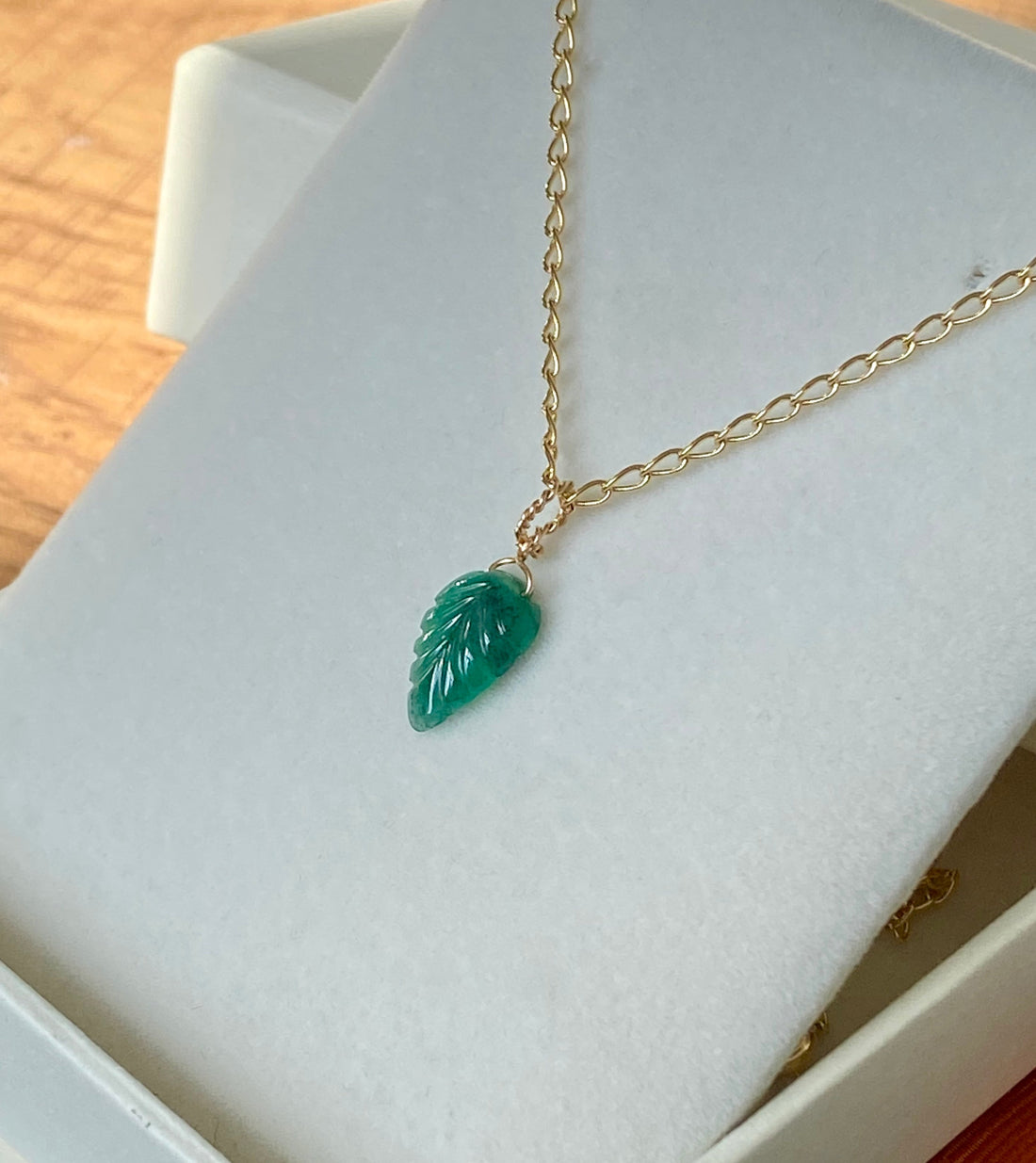 Emerald Carved Leaf Pendant Necklace