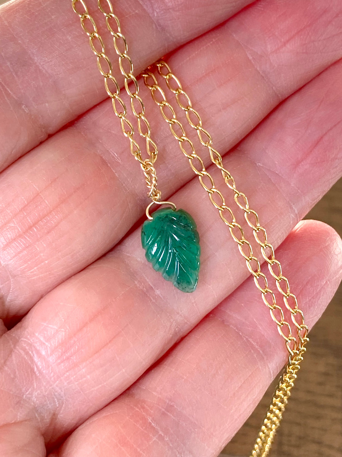 Emerald Carved Leaf Pendant Necklace
