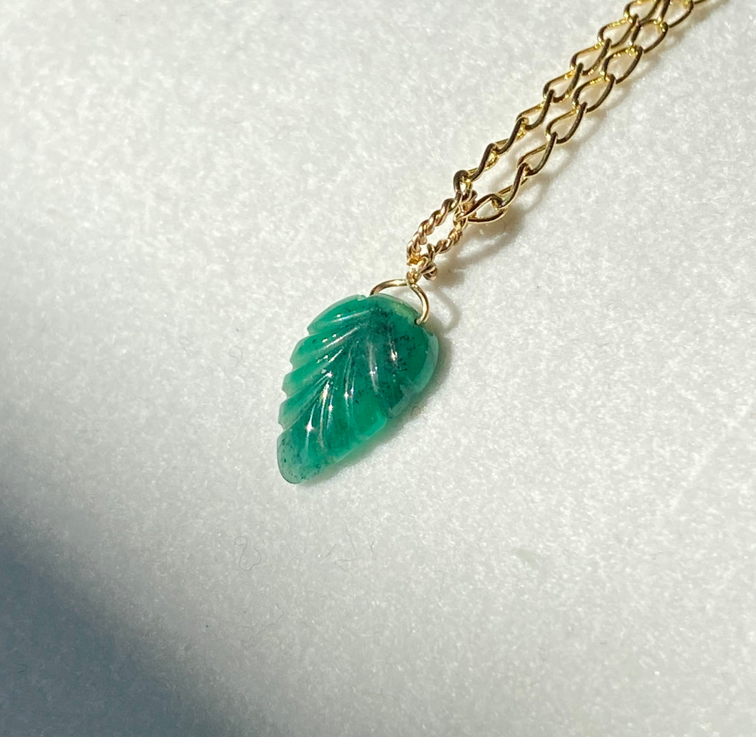 Emerald Carved Leaf Pendant Necklace