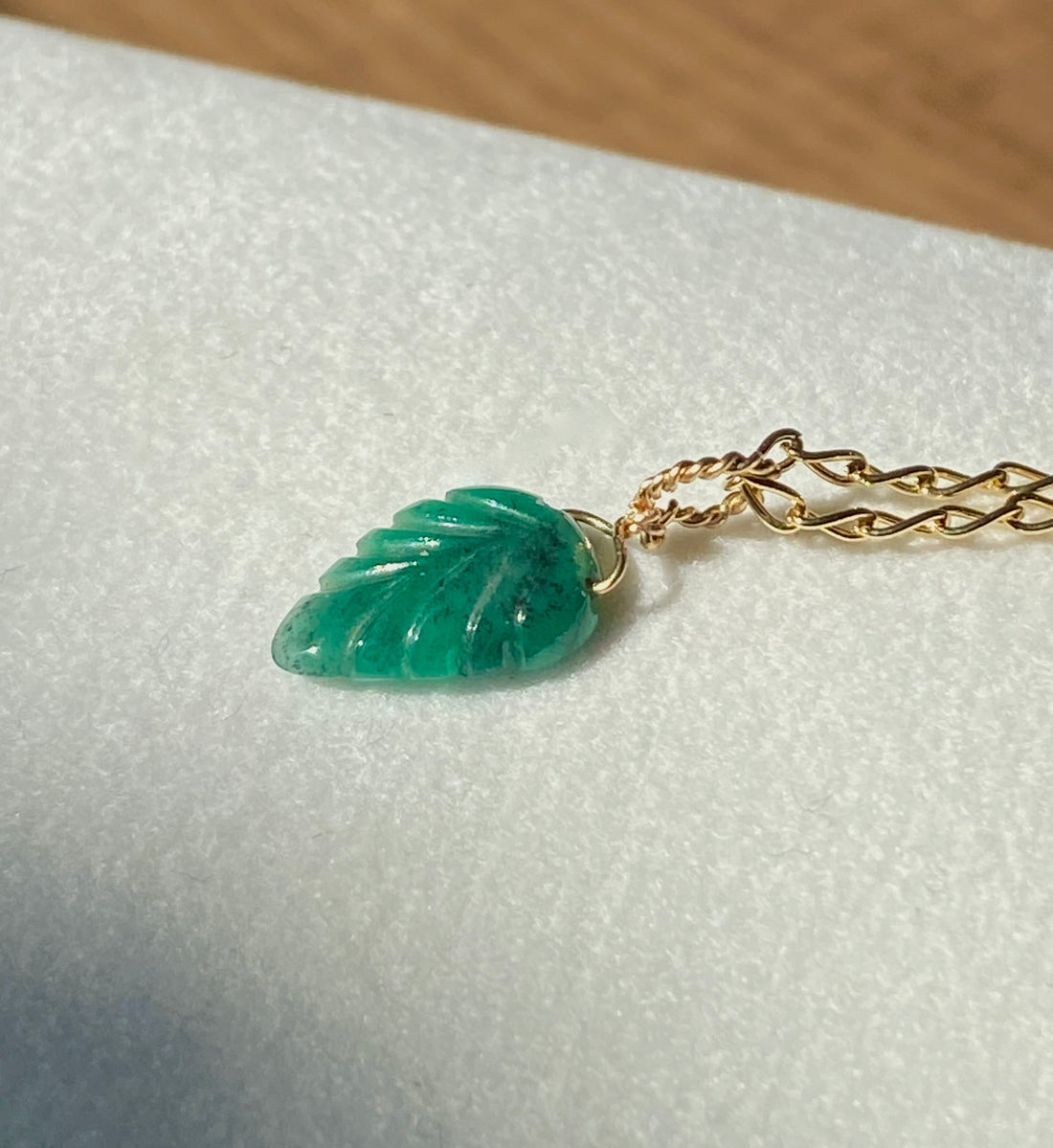Emerald Carved Leaf Pendant Necklace