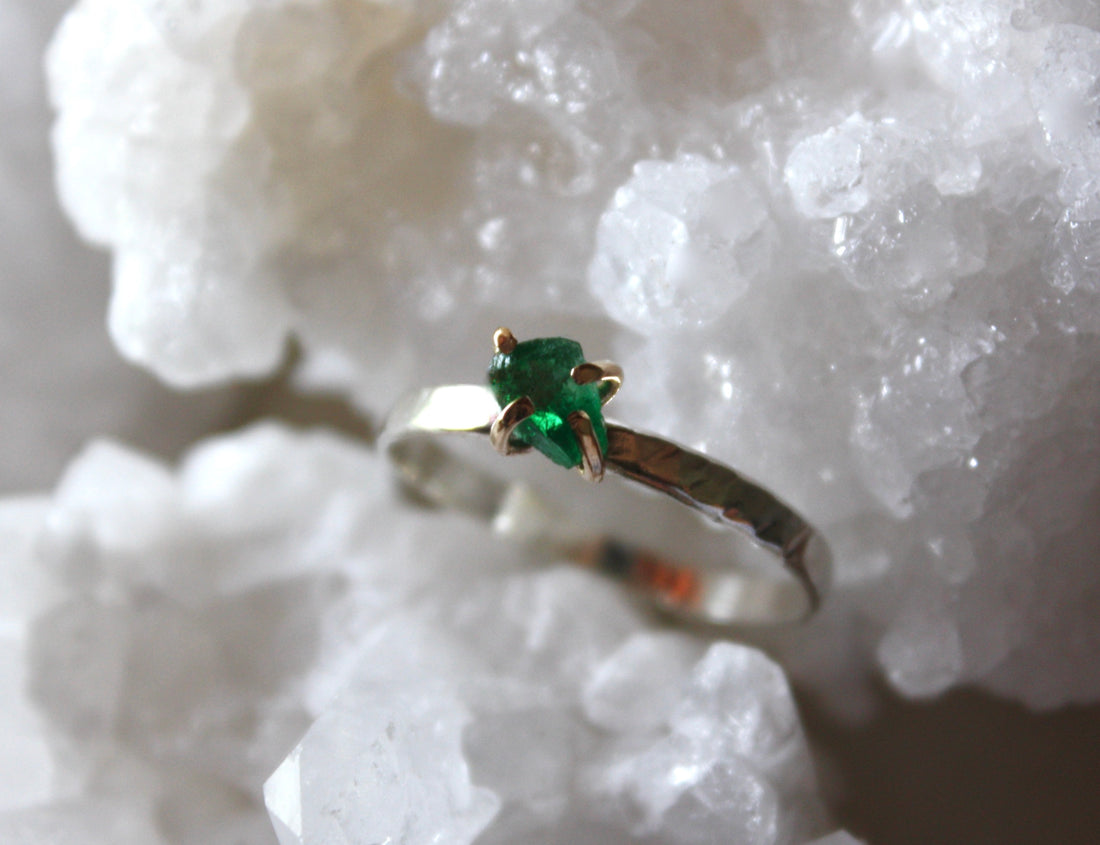 Raw Emerald Ring, May Birthstone Ring, Wedding Engagement Ring