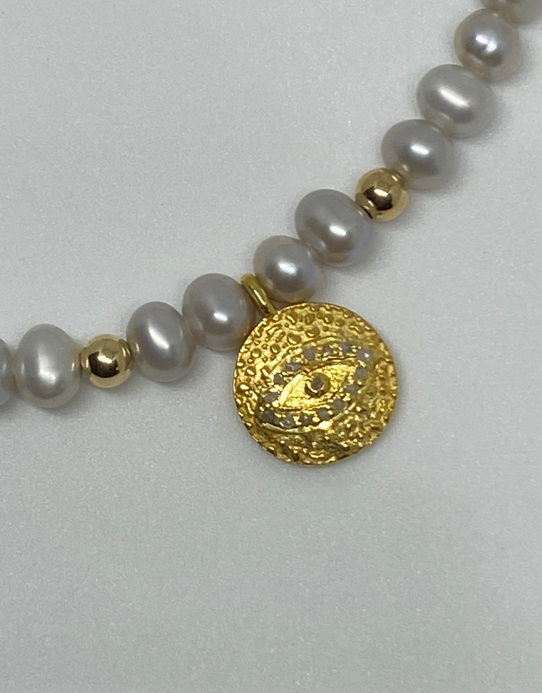 Pavé Diamond Evil Eye Talisman Charm and Freshwater Pearl Bracelet, June April Birthstone Bracelet