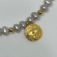 Pavé Diamond Evil Eye Talisman Charm and Freshwater Pearl Bracelet, June April Birthstone Bracelet