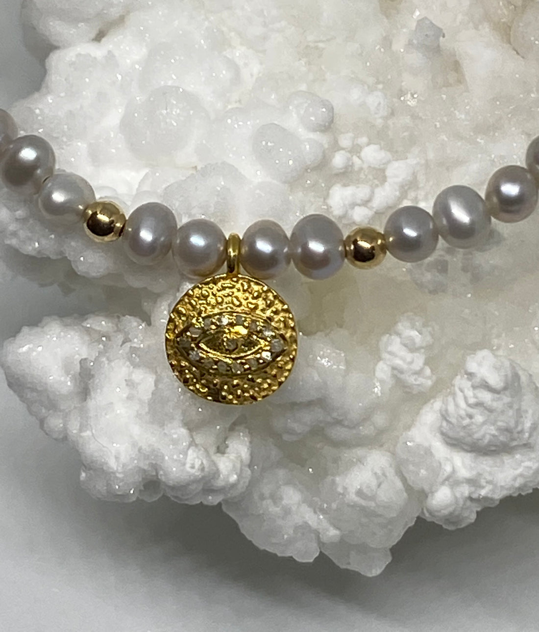 Pavé Diamond Evil Eye Talisman Charm and Freshwater Pearl Bracelet, June April Birthstone Bracelet