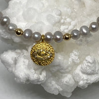 Pavé Diamond Evil Eye Talisman Charm and Freshwater Pearl Bracelet, June April Birthstone Bracelet