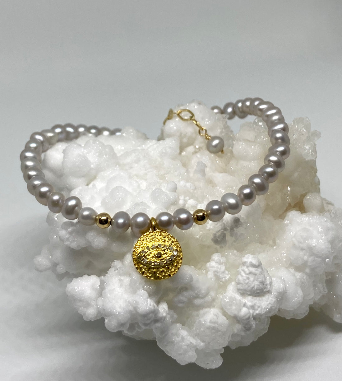 Pavé Diamond Evil Eye Talisman Charm and Freshwater Pearl Bracelet, June April Birthstone Bracelet