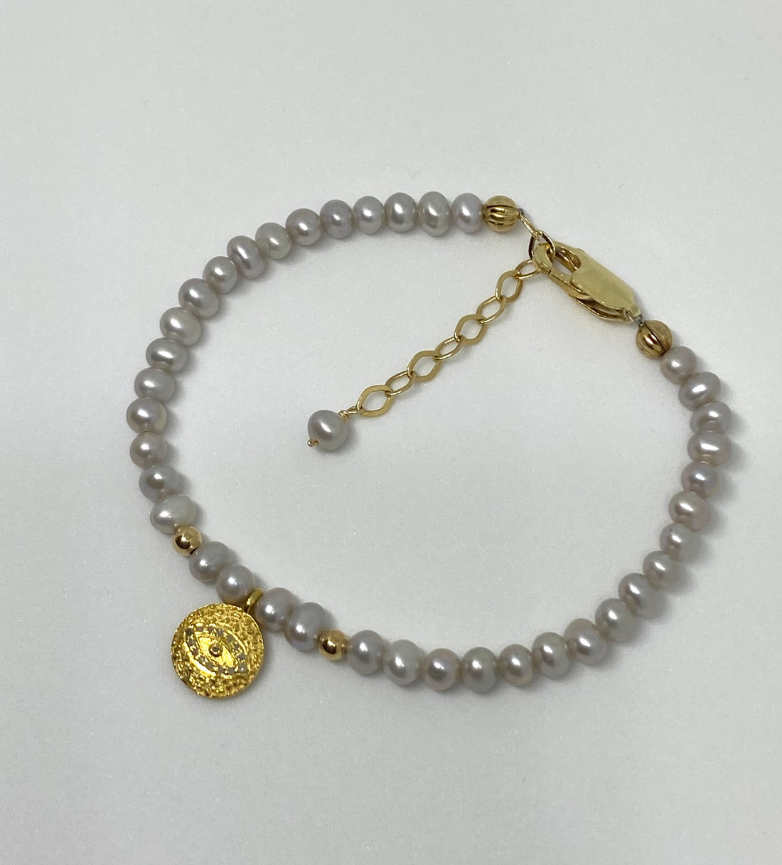 Pavé Diamond Evil Eye Talisman Charm and Freshwater Pearl Bracelet, June April Birthstone Bracelet