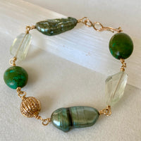 Tibetan Turquoise, Prasiolite and Pearl Statement Bracelet, June December February Birthstone Bracelet