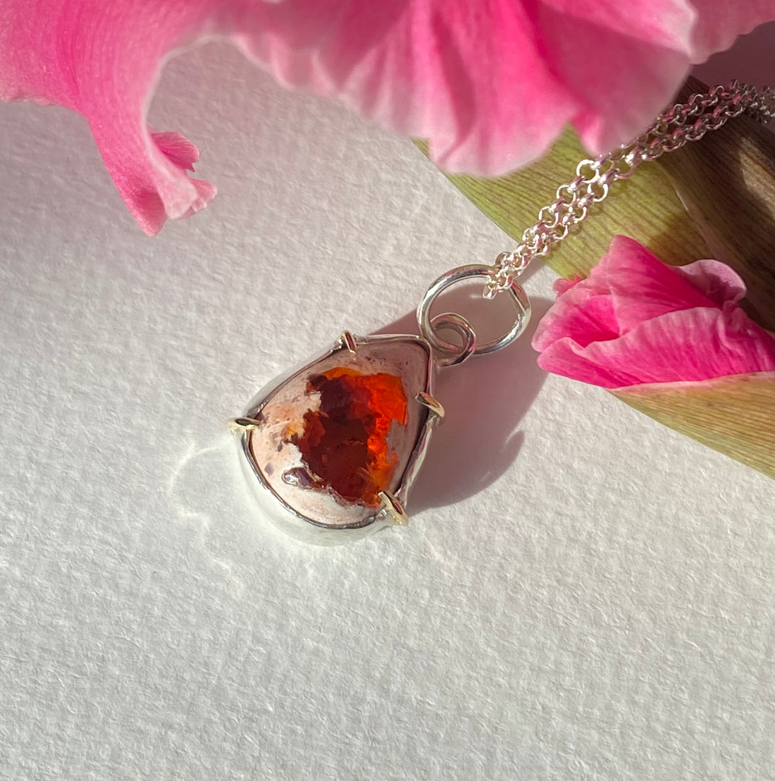 Mexican Fire Opal Pendant Necklace, Cantera Opal Pendant Necklace, SOLID 14k Gold and Silver Pendant,Orange Opal Pendant, October Birthstone