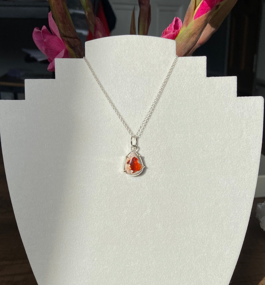 Mexican Fire Opal Pendant Necklace, Cantera Opal Pendant Necklace, SOLID 14k Gold and Silver Pendant,Orange Opal Pendant, October Birthstone