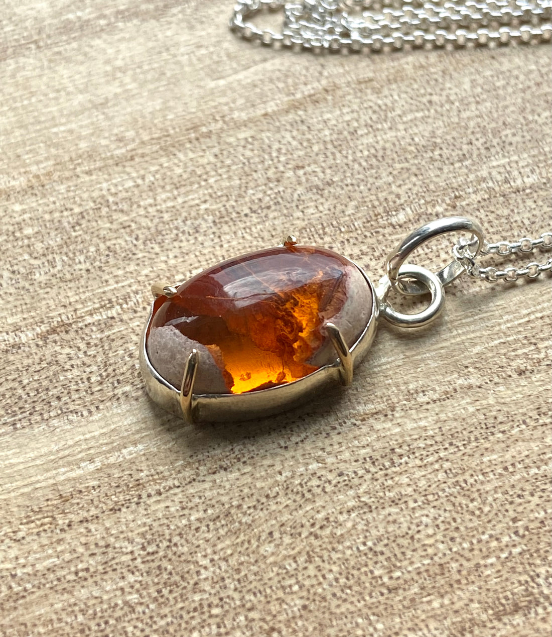 Mexican Cantera Fire Opal Pendant Necklace, October Birthstone Pendant Necklace