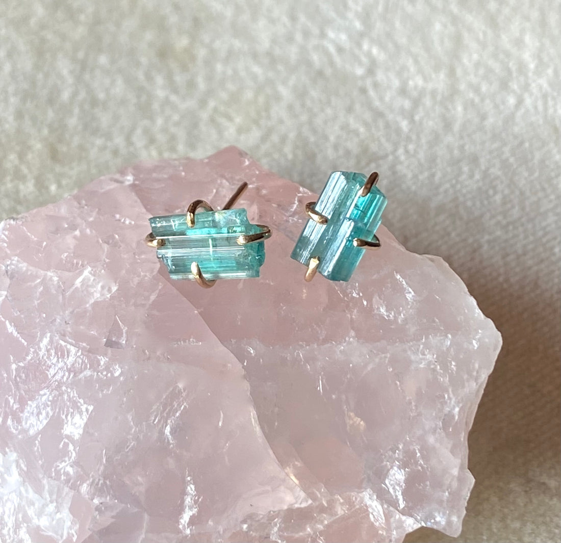 Raw Paraiba Tourmaline Stud Earrings, October Birthstone Earrings