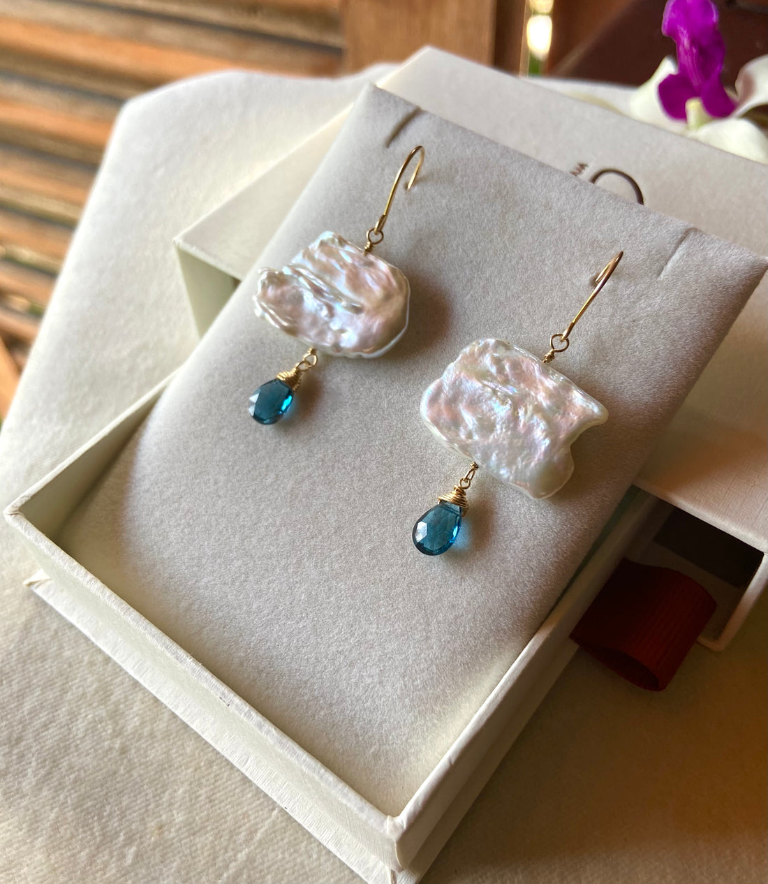 London Blue Topaz and Freshwater Pearl Cloud Earrings, June November Birthstone Earrings
