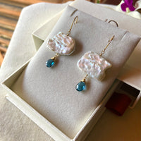 London Blue Topaz and Freshwater Pearl Cloud Earrings, June November Birthstone Earrings