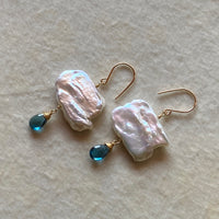 London Blue Topaz and Freshwater Pearl Cloud Earrings, June November Birthstone Earrings