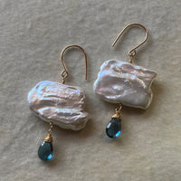 London Blue Topaz and Freshwater Pearl Cloud Earrings, June November Birthstone Earrings
