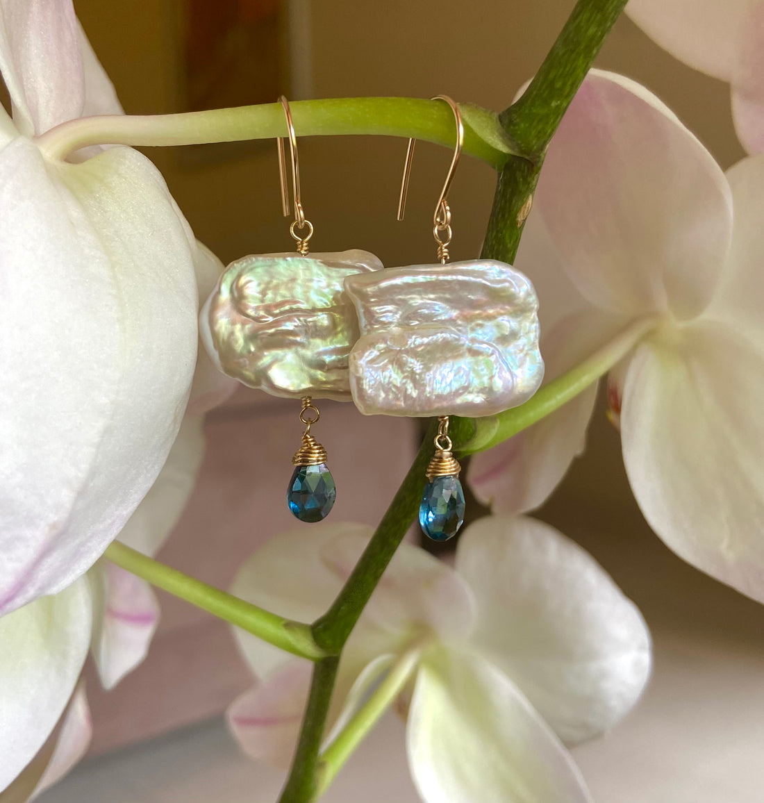 London Blue Topaz and Freshwater Pearl Cloud Earrings, June November Birthstone Earrings