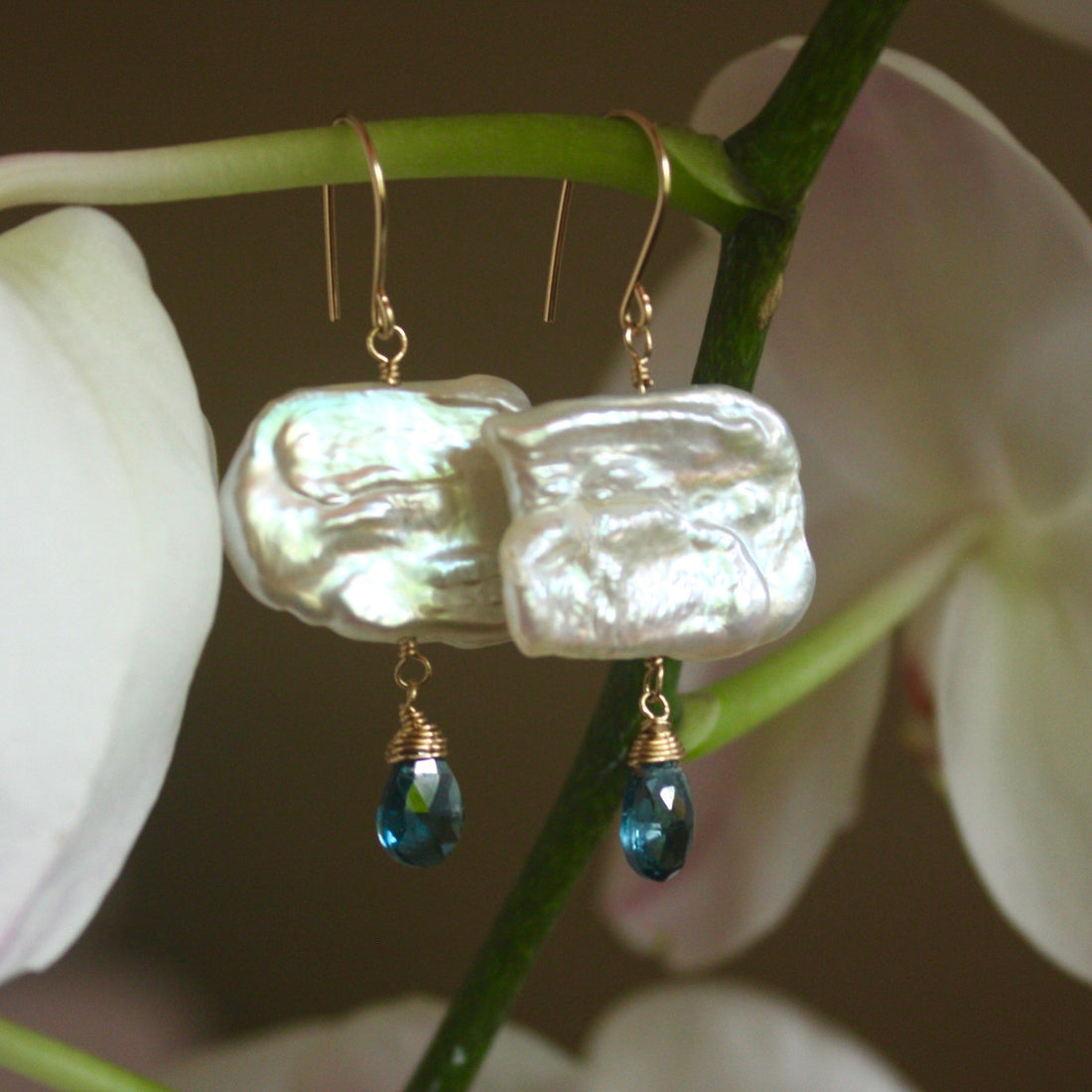London Blue Topaz and Freshwater Pearl Cloud Earrings, June November Birthstone Earrings