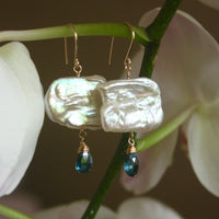 London Blue Topaz and Freshwater Pearl Cloud Earrings, June November Birthstone Earrings