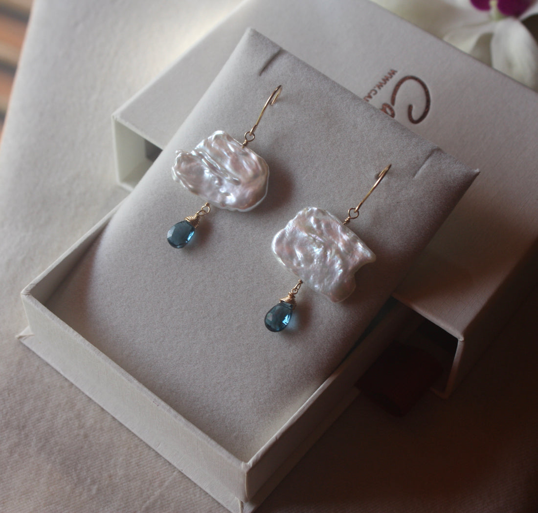 London Blue Topaz and Freshwater Pearl Cloud Earrings, June November Birthstone Earrings