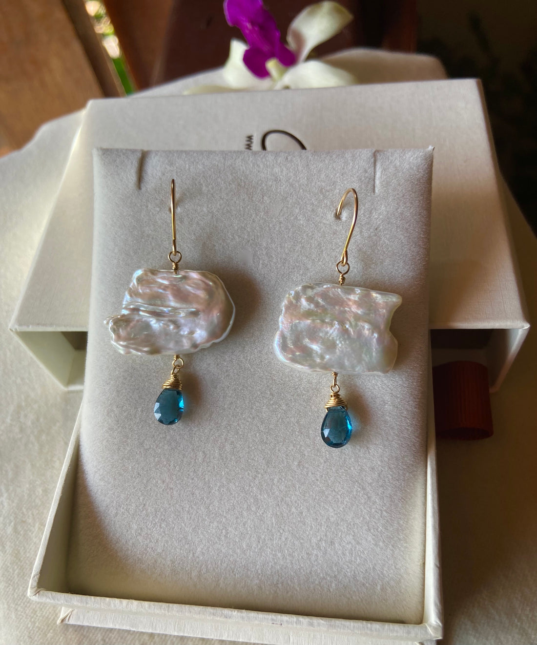 London Blue Topaz and Freshwater Pearl Cloud Earrings, June November Birthstone Earrings