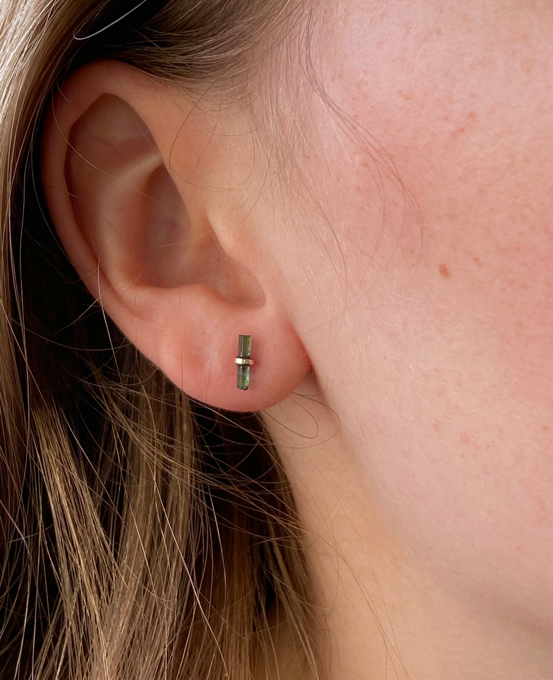 Raw Indicolite Teal Blue Green Tourmaline and Solid 14k Gold Stud Earrings, October Birthstone Earrings
