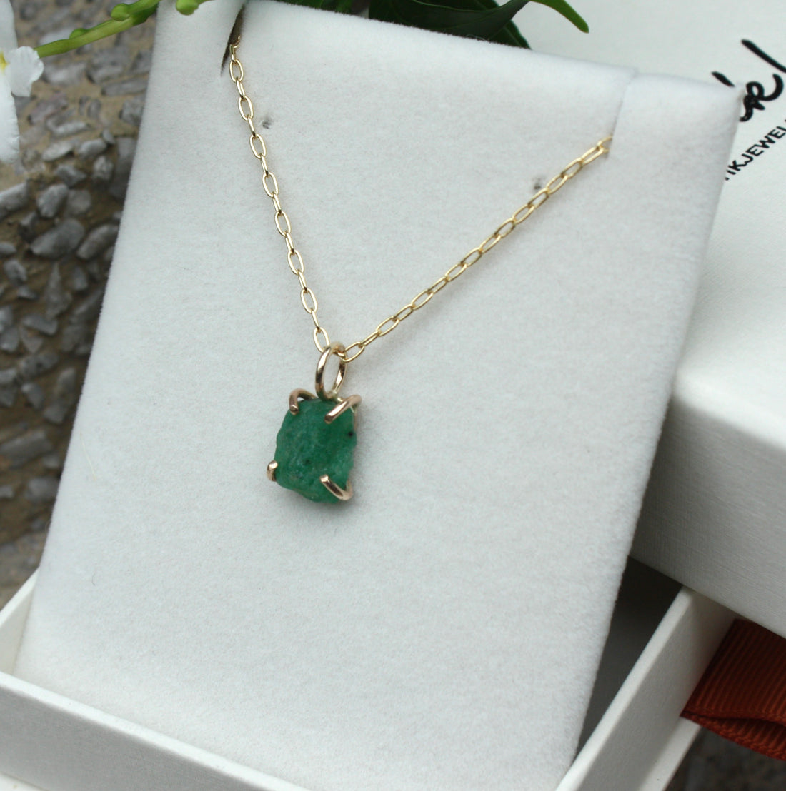 Raw Emerald Pendant Necklace, May Birthstone Necklace
