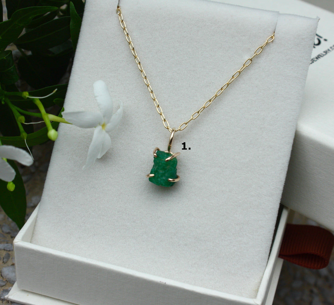 Raw Emerald Pendant Necklace, May Birthstone Necklace