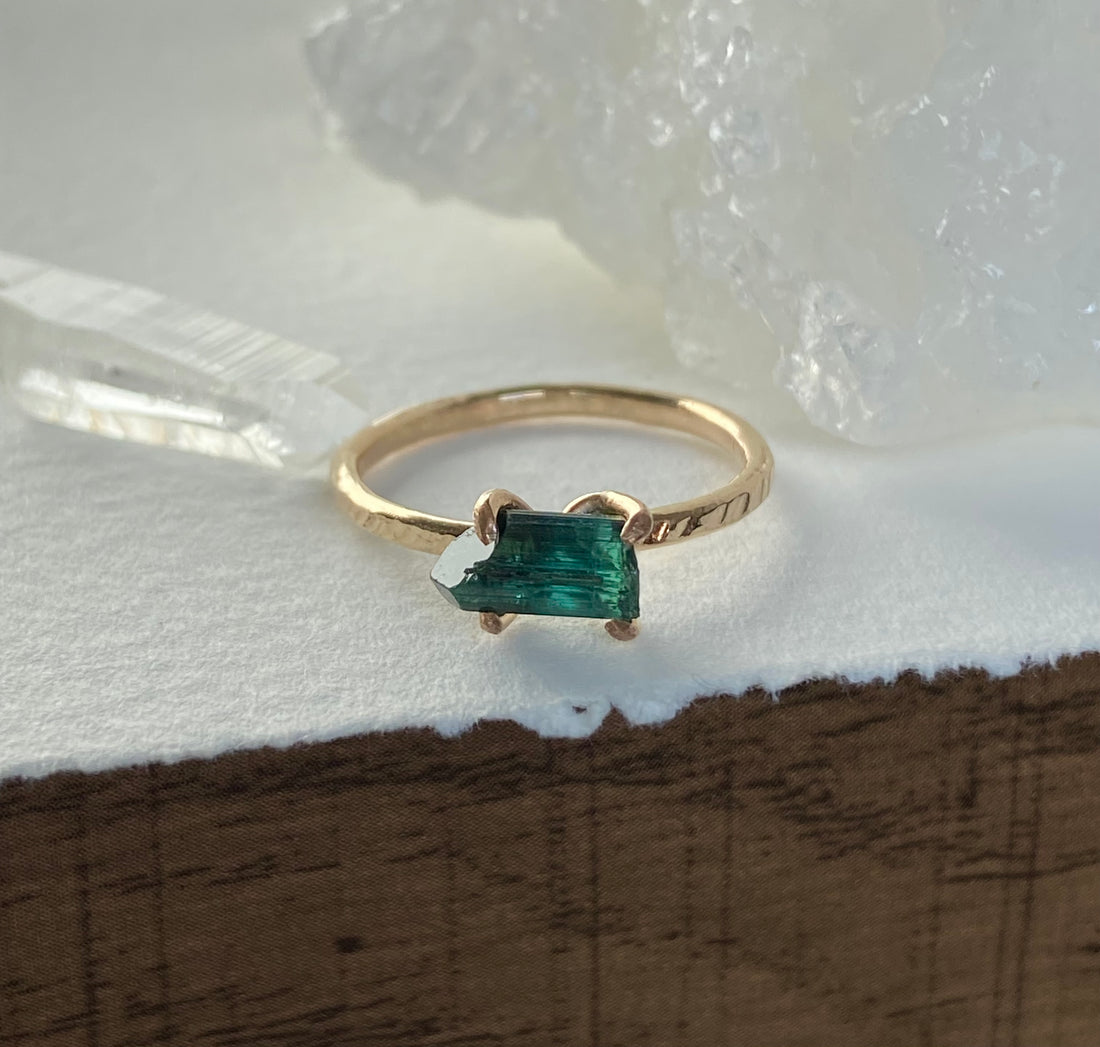 Raw Indicolite Blue Tourmaline Ring, October Birthstone Ring