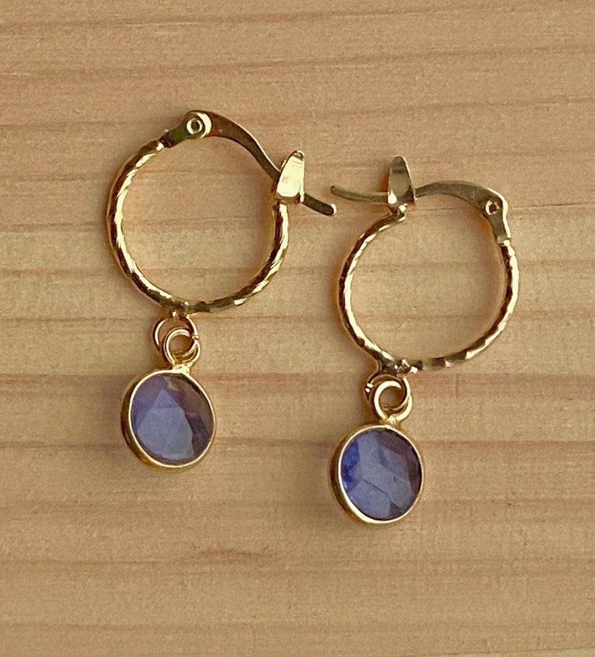 Iolite Textured Hoop Earrings, September Birthstone Earrings