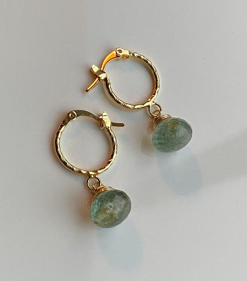 Moss Aquamarine Textured Hoop Earrings, March Birthstone Earrings