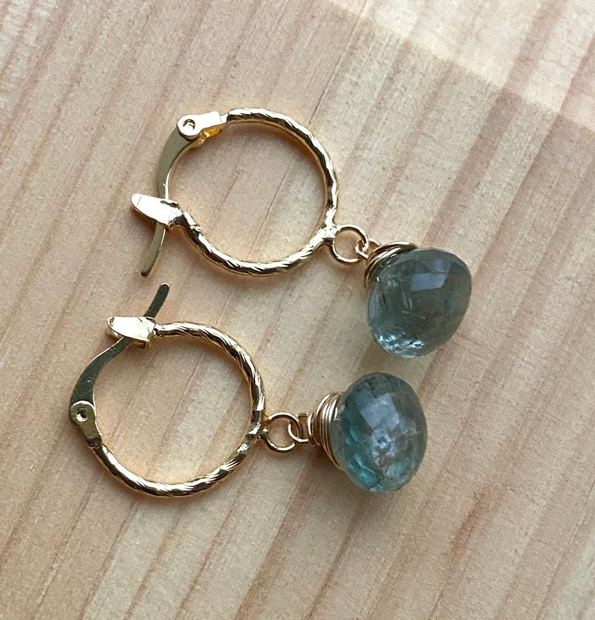 Moss Aquamarine Textured Hoop Earrings, March Birthstone Earrings