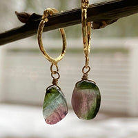 Raw Watermelon Bi-color Tourmaline Slice and Textured Hoop Earrings, Pink Green Blue Tourmaline Earrings, October Birthstone Earrings