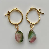Raw Watermelon Bi-color Tourmaline Slice and Textured Hoop Earrings, Pink Green Blue Tourmaline Earrings, October Birthstone Earrings
