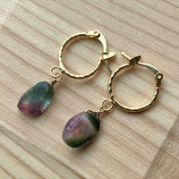 Raw Watermelon Bi-color Tourmaline Slice and Textured Hoop Earrings, Pink Green Blue Tourmaline Earrings, October Birthstone Earrings