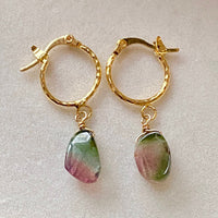 Raw Watermelon Bi-color Tourmaline Slice and Textured Hoop Earrings, Pink Green Blue Tourmaline Earrings, October Birthstone Earrings