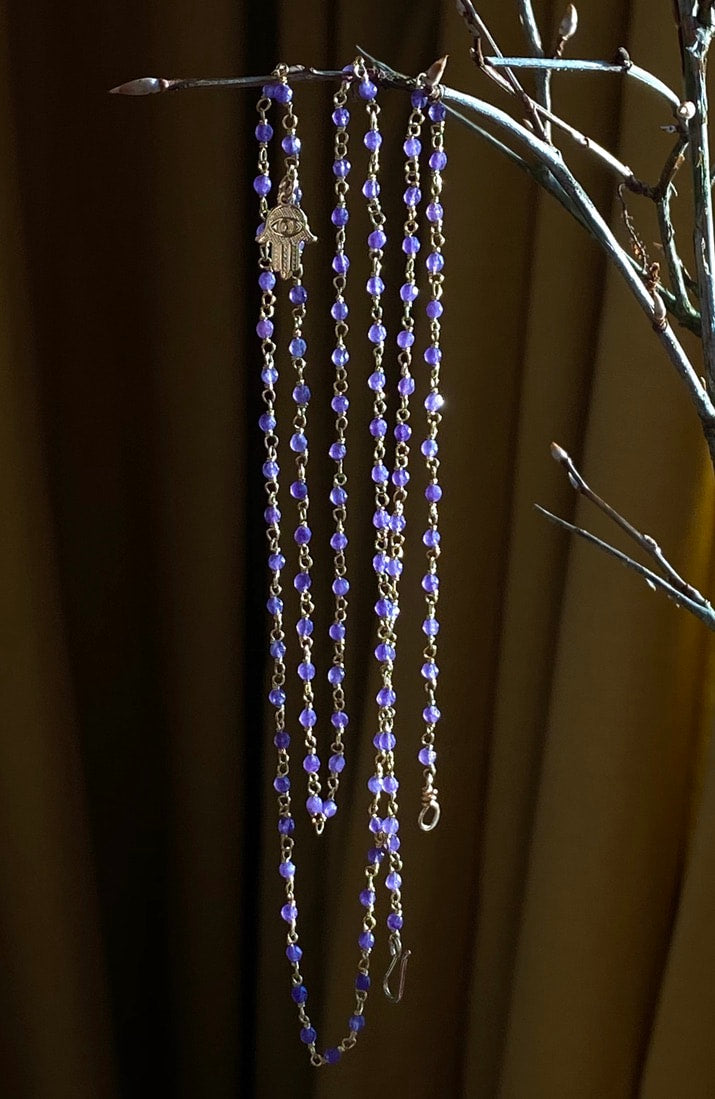Long Purple Amethyst Rosary Necklace with Hamsa talisman charm