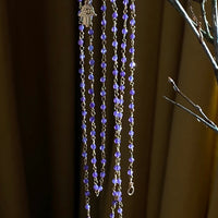 Long Purple Amethyst Rosary Necklace with Hamsa talisman charm