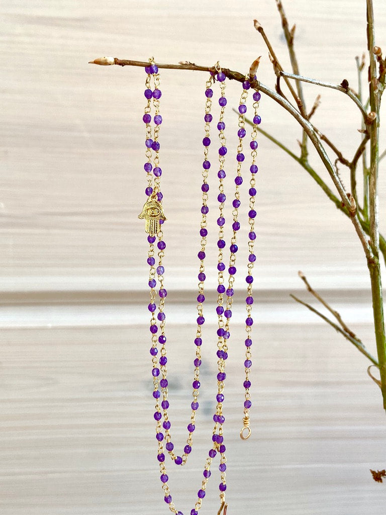 Long Purple Amethyst Rosary Necklace with Hamsa talisman charm
