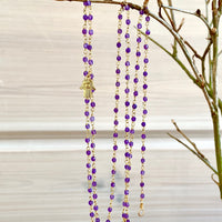 Long Purple Amethyst Rosary Necklace with Hamsa talisman charm