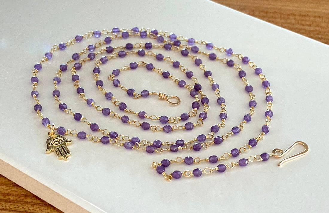 Long Purple Amethyst Rosary Necklace with Hamsa talisman charm