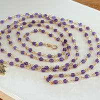 Long Purple Amethyst Rosary Necklace with Hamsa talisman charm