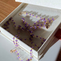 Long Purple Amethyst Rosary Necklace with Hamsa talisman charm