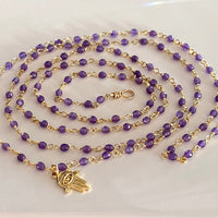 Long Purple Amethyst Rosary Necklace with Hamsa talisman charm