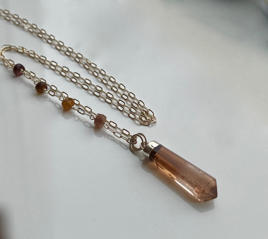 Golden Orange Brown Ombre Topaz Crystal Point Pendant and Brown Tourmaline Necklace, November Birthstone Necklace