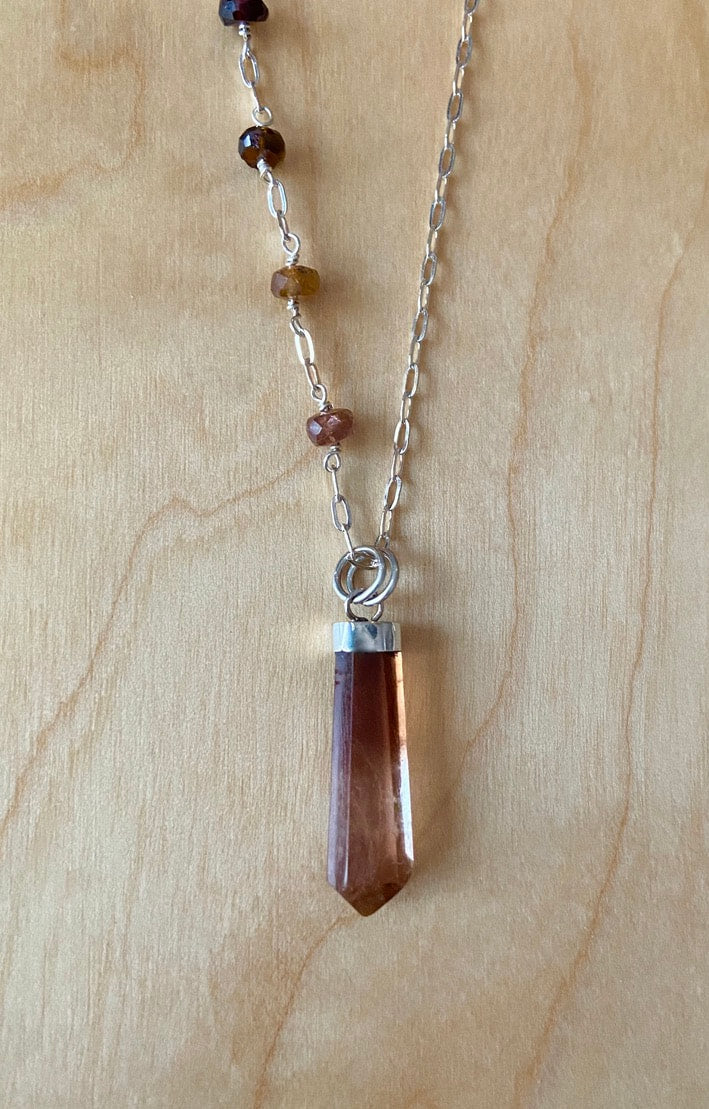 Golden Orange Brown Ombre Topaz Crystal Point Pendant and Brown Tourmaline Necklace, November Birthstone Necklace